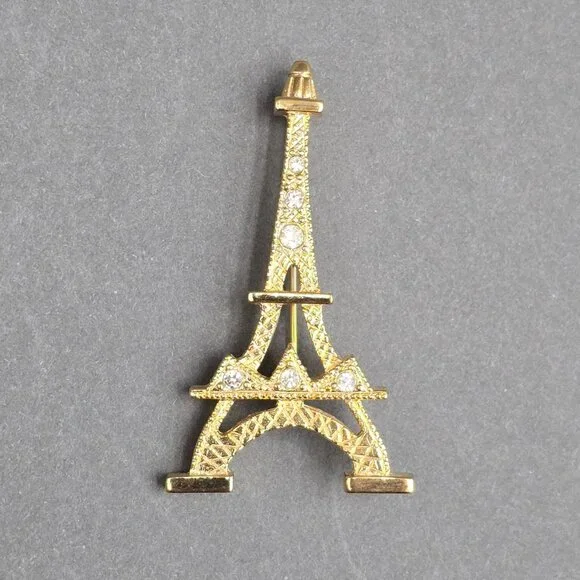 Eiffel Tower Gold Tone Rhinestone Brooch Pin 2.5" Parisian Landmark Modernist - Picture 6 of 6